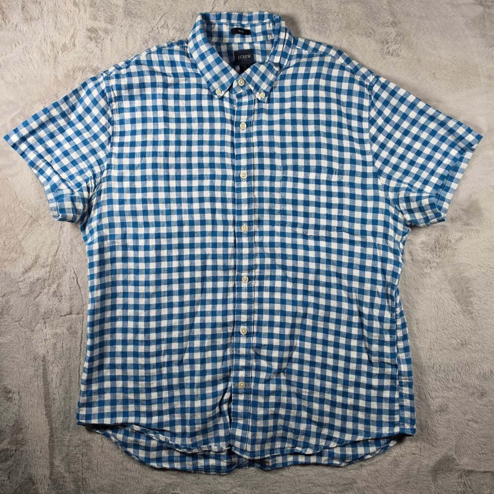 J.Crew Button Down Shirt‎ Mens XL Blue Gingham Linen Cotton Slim Short Sleeve